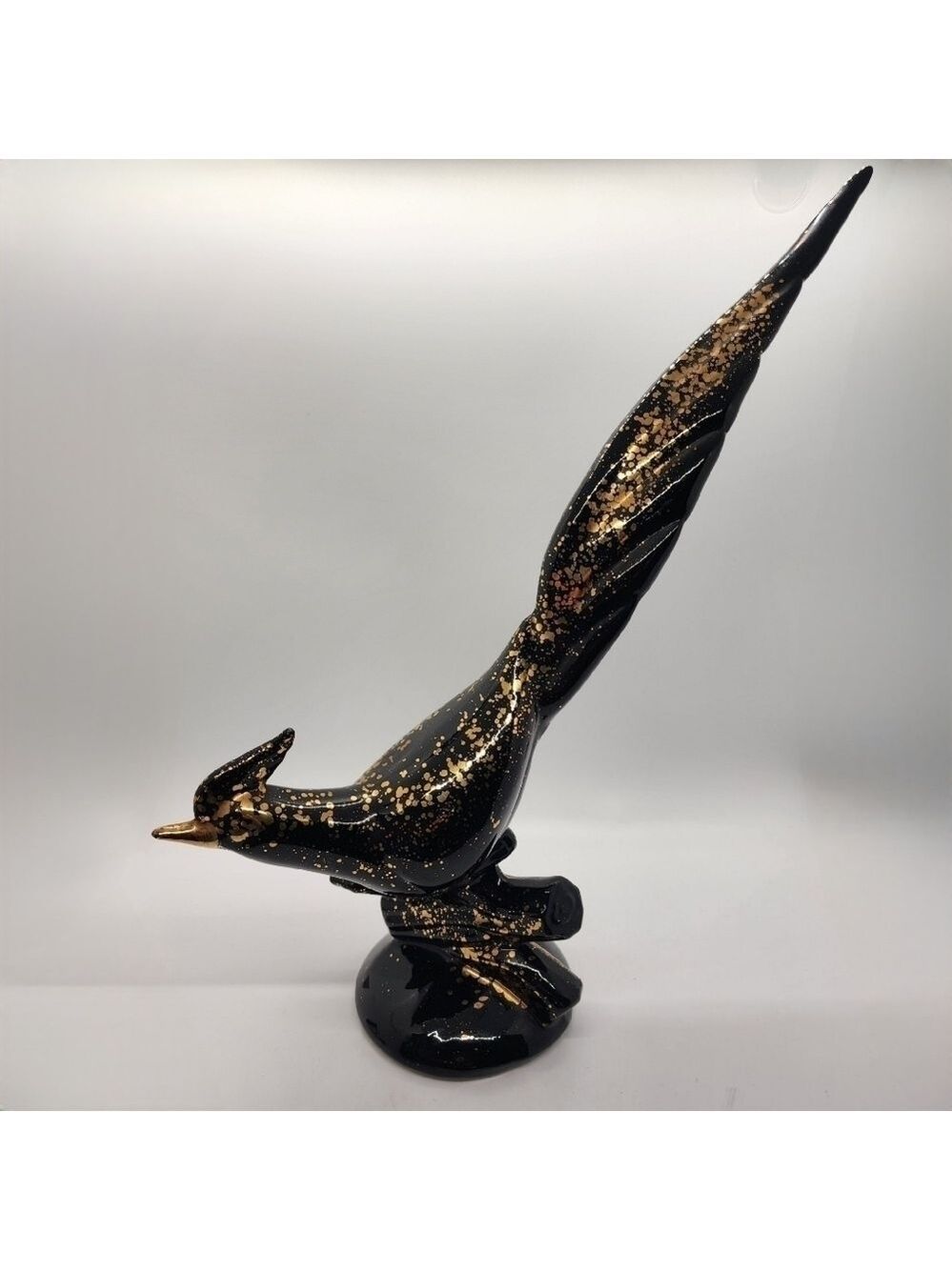 Vintage MCM ceramic studio art Roadrunner Pheasant Black & Gold bird